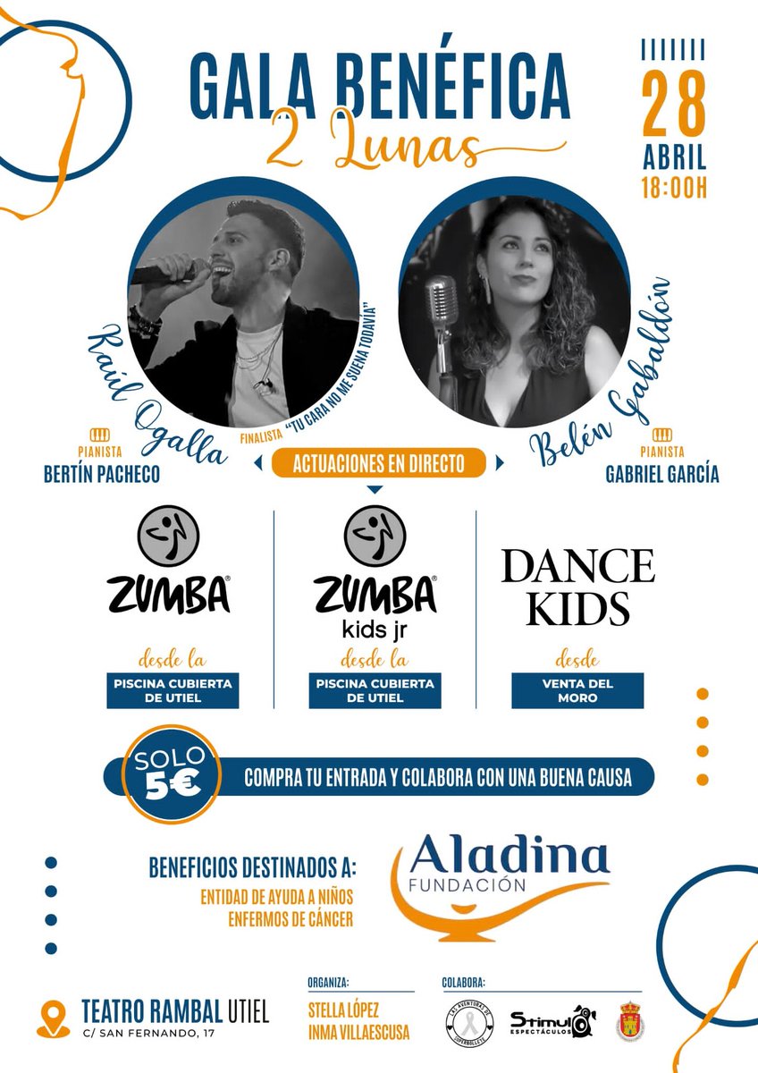 😍Gala Benéfica ' 2 Lunas '📌 El próximo domingo, a las 18h, Teatro Rambal acogerá este evento artístico cuyos beneficios irán destinados a Aladina Fundación , entidad de ayuda a niños enfermos de cáncer. ‼ Colabora con una buena causa 🎟️Donativo 5 € utiel.es/es/evento/gala…