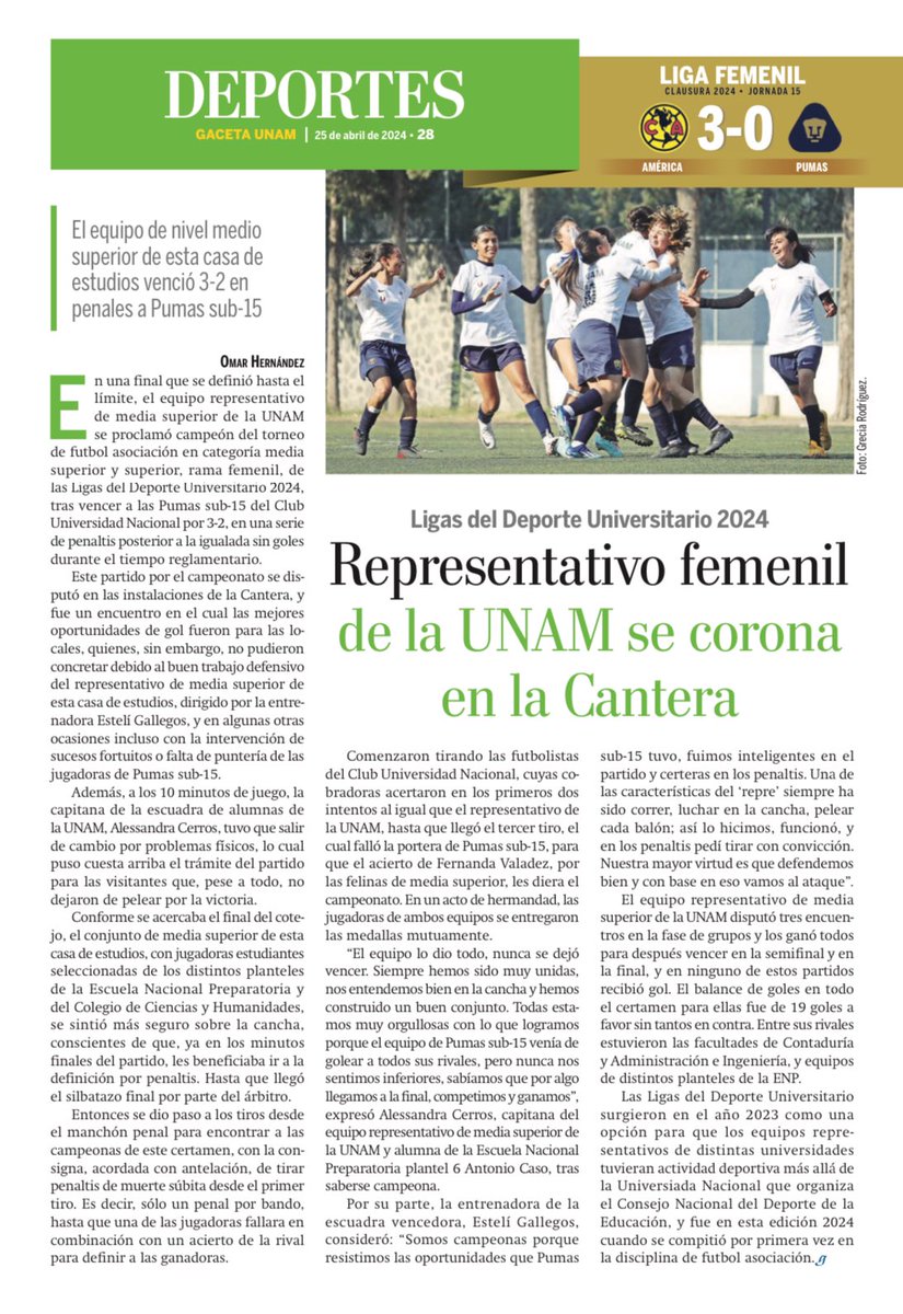 DeporteUNAM's tweet image. 👉🏼Hoy en #GacetaUNAM

✨Ligas del Deporte Universitario 2024: representativo femenil de la UNAM se corona en la Cantera 

✨Carbohidratos, principal fuente de energía en pesas 🏋🏽‍♀️ 

✨Marco Zaragoza cruza Azerbaiyán en ultramaratón 🏃🏽

📌gaceta.unam.mx

#SoyDeporteUNAM