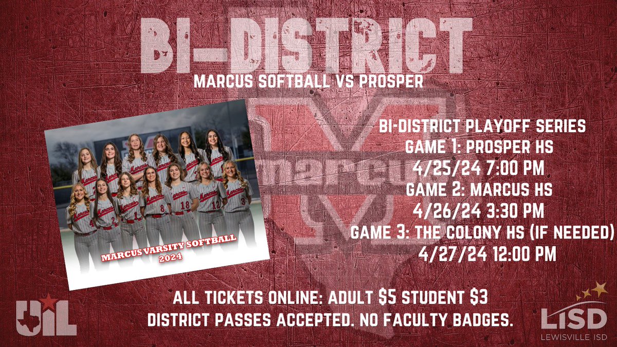 Lewisville ISD Athletics (@lisdsports) on Twitter photo Good luck to <a href="/marcus_softball/">Marcus HS Softball</a> in their bi-district playoff series vs. Prosper! <a href="/Marcus_HS/">Marcus High School</a> <a href="/MHS9th/">MHS 9th Grade Campus</a> Good luck to <a href="/marcus_softball/">Marcus HS Softball</a> in their bi-district playoff series vs. Prosper! <a href="/Marcus_HS/">Marcus High School</a> <a href="/MHS9th/">MHS 9th Grade Campus</a>