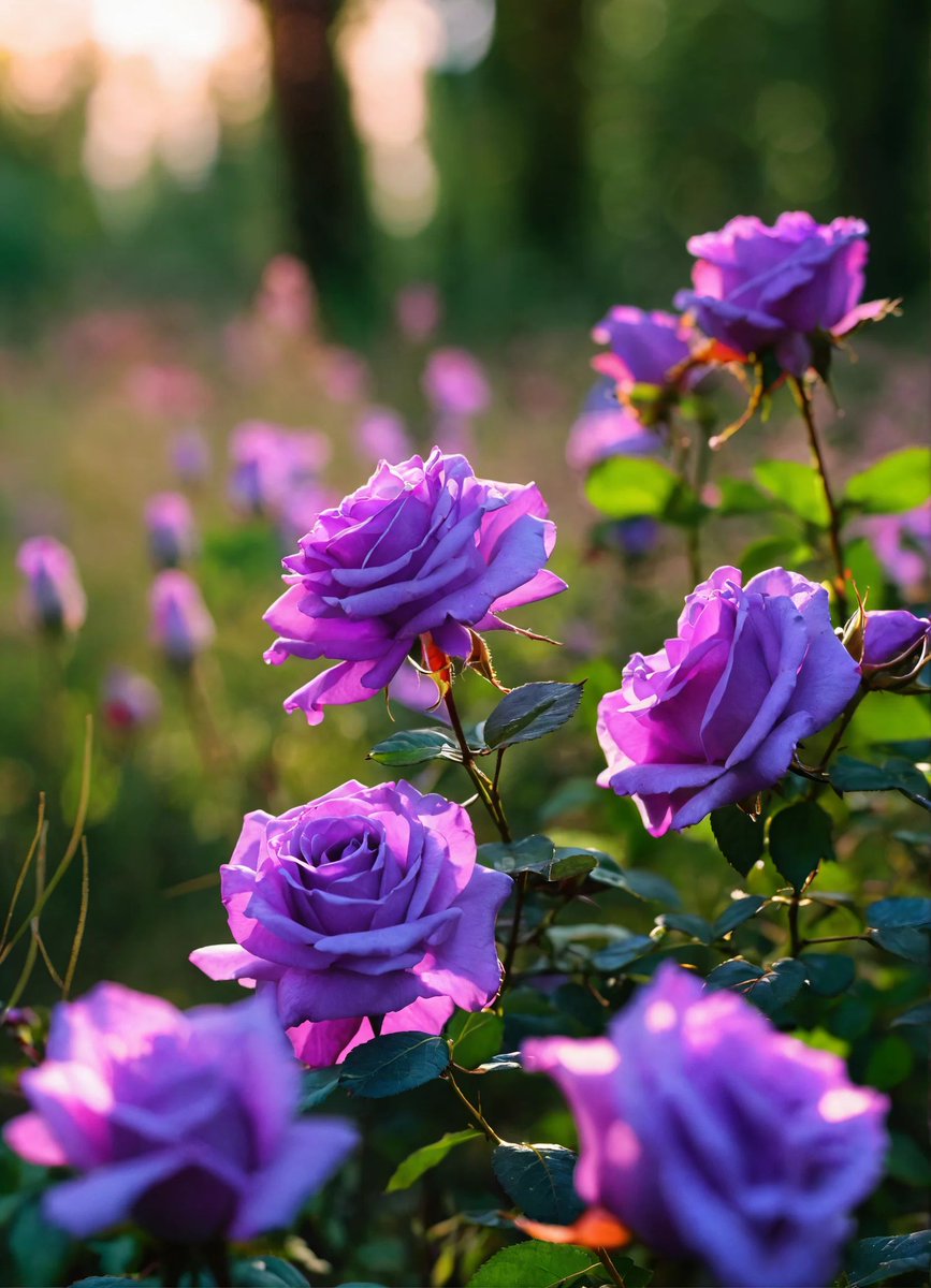 The bright lilac roses sway gently in the meadow, their delicate petals catching the warm rays of sunlight filtering through the trees of the forest ahead.#LilacRoses #MeadowBeauty #SunlitPetals #ForestBackdrop #SereneScenery #EnchantingNature #VibrantColors #PicturesqueScene