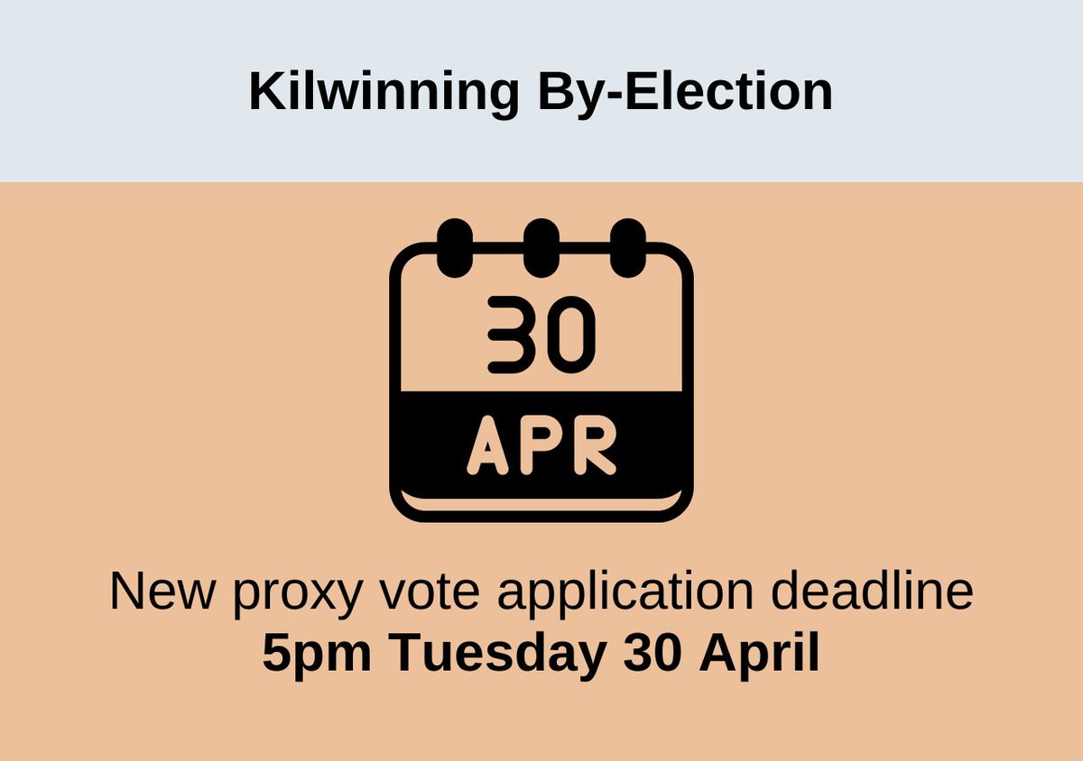 Are you a voter in Ward 6 Kilwinning and need to vote by proxy? The deadline for new applications to vote by proxy is 30 April. For more information, visit: gov.uk/register-to-vo…