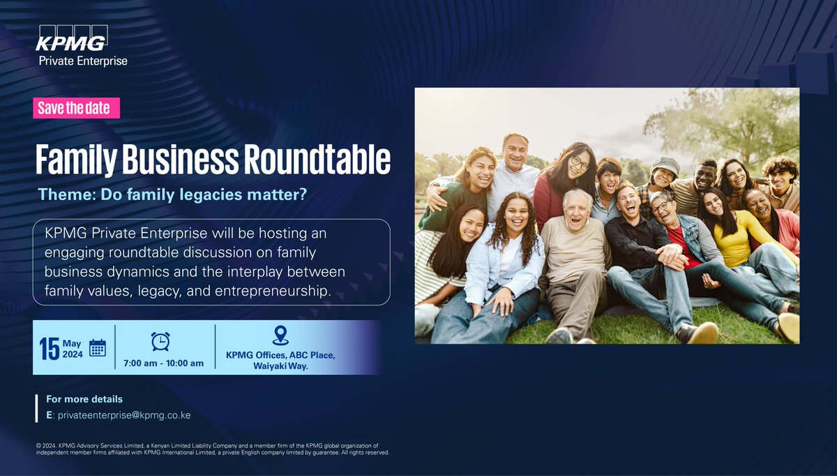 KPMG Private Enterprise invites you to an engaging #FamilyBusiness roundtable discussion on 15 May 2024. The discussion will focus on #familybusiness dynamics and explore the interplay between family values, legacy, and #entrepreneurship.

Register here: lnkd.in/dz9CG89k