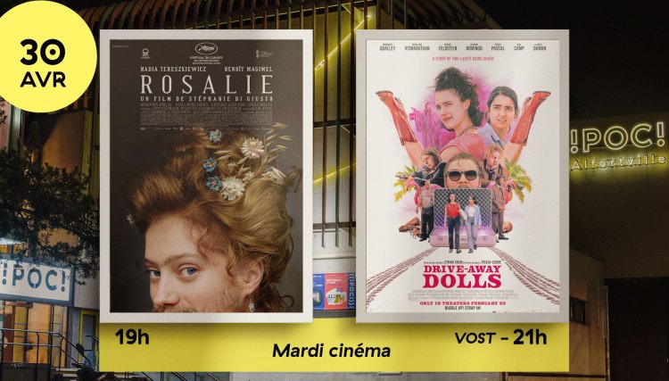 🎥Ciné à Alfortville au POC ➡️Ce mardi 30 avril découvrez 'Rosalie' de Stéphanie Di Giusto à 19h et 'Drive-Away Dolls' d'Ethan Coen à 21h. ℹ️alfortville.fr/mardi-cinema-1… 🎟️Tarifs : 5 € plein / 3 € réduit #films #Alfortville