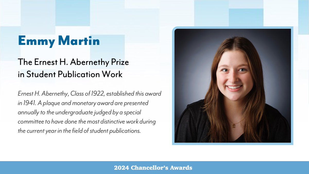 UNC Hussman student Emmy Martin received the Ernest H. Abernethy Prize in Student Publication Work, a Chancellor's Award presented to an undergraduate who has done the most distinctive work during the current year in the field of student publications. Congrats, @emmymrtin! 🎉