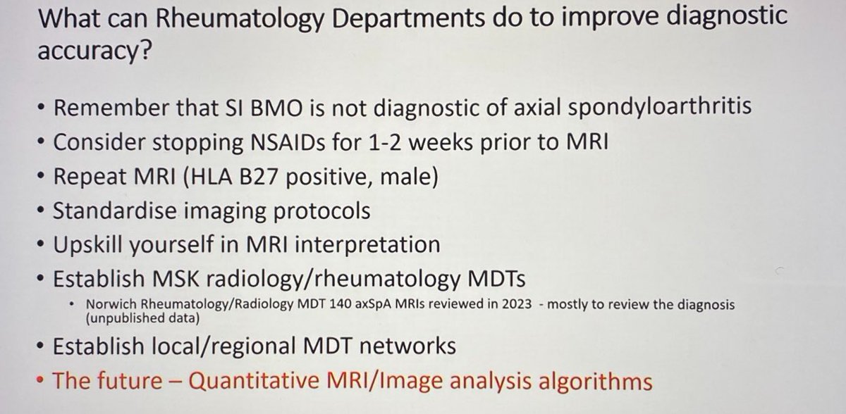 #BSR24 

➡️AxSpA simple tips to remember 

✴️SIJ bone marrow oedema does NOT necessarily = #AxSpA 

✴️ keep diagnosis under review if not responding to advanced Rx
By @KarlGaffney1 

✴️ do standard #MRI protocols 

@NASSexercise