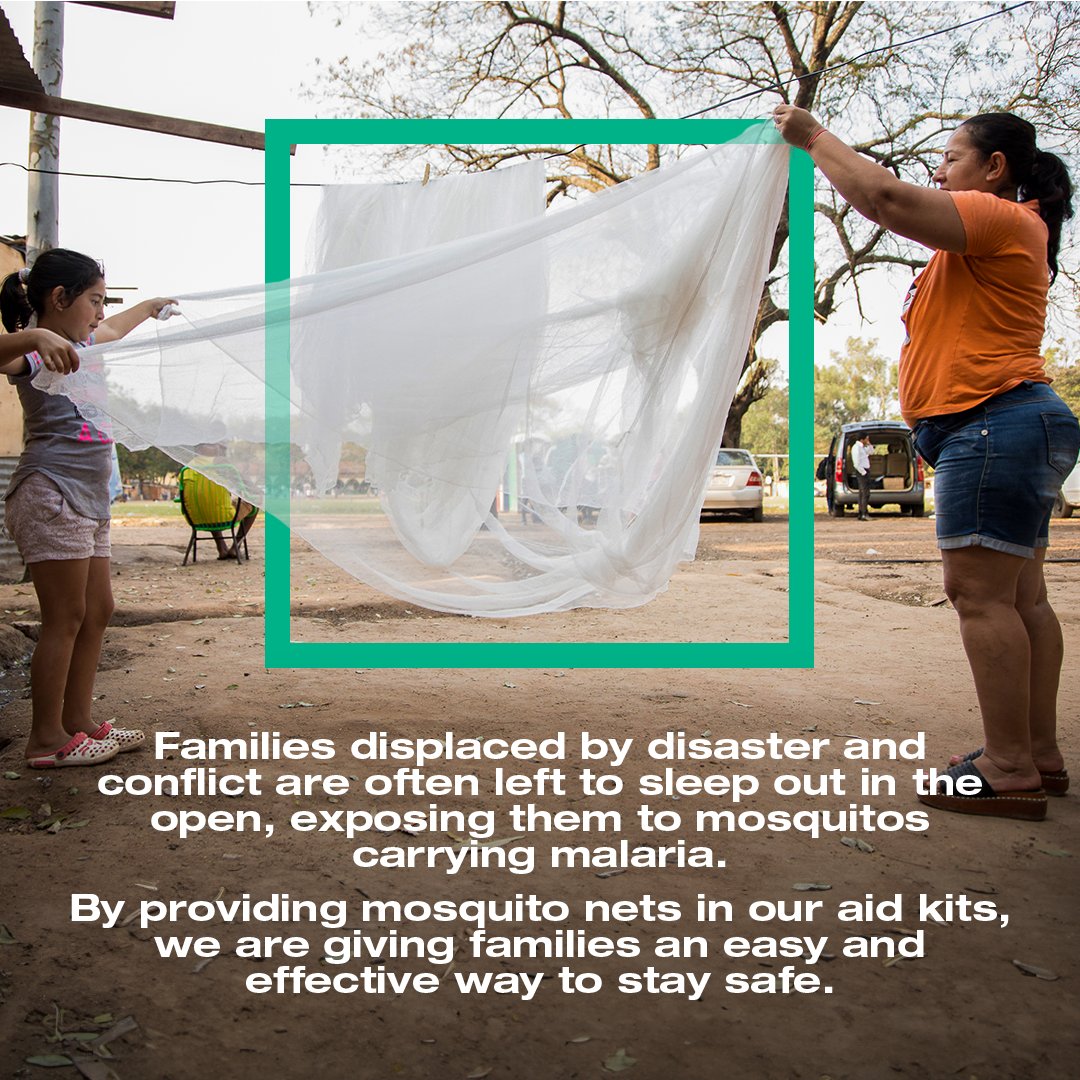 🦟When disaster and conflict leave people without a home, they are at greater risk of contracting #malaria. We're helping people stay safe from malaria by including mosquito nets in our aid kits. Learn more at bit.ly/4aP7IoL #EndMalariaForGood