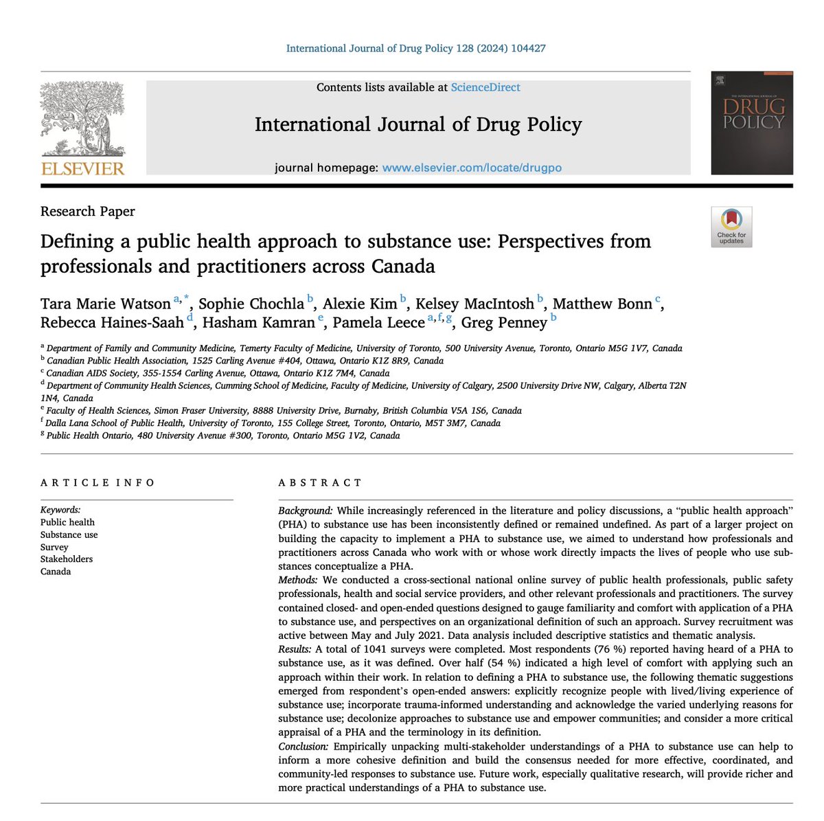 'Defining a public health approach to substance use: Perspectives from professionals and practitioners across Canada' by Dr. Tara Marie Watson et al (2024) via @ijdrugpolicy...how does your region define a public health approach to substance use? Link: sciencedirect.com/science/articl…