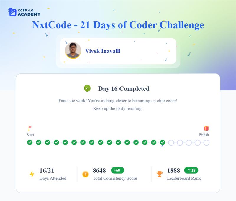 Woohoo! I’m skilling up 💪

Day 16 Completed, 5 days to go #NxtCode21DaysofCoderChallenge 📅

#NxtWave #ccbp #ccbpaccademy