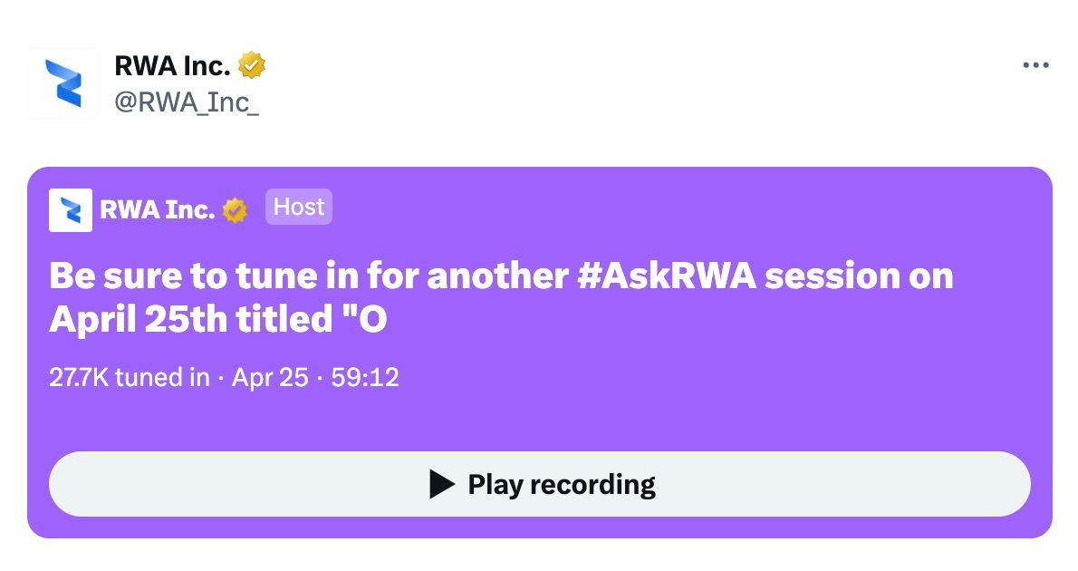 🔥 Wow, almost 28,000 of you joined us for today's #askRWA AMA! We thank everyone for their participation.

🌟 If you missed it, don't worry – the recording is available so you can catch all the insights on how we're transforming the tokenization sector. 

🎙 Tune in to see why