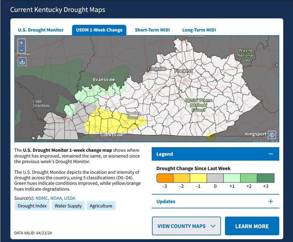 Thu morning update from @NOAADrought continues to show a small part of W KY near Paducah in D1 (Mod Drought) conditions. While NW KY was removed from D0 (abnormally dry) conditions, parts of the Pennyrile region E to Bowling Green/Glasgow show a degradation to D0 this week. #kywx