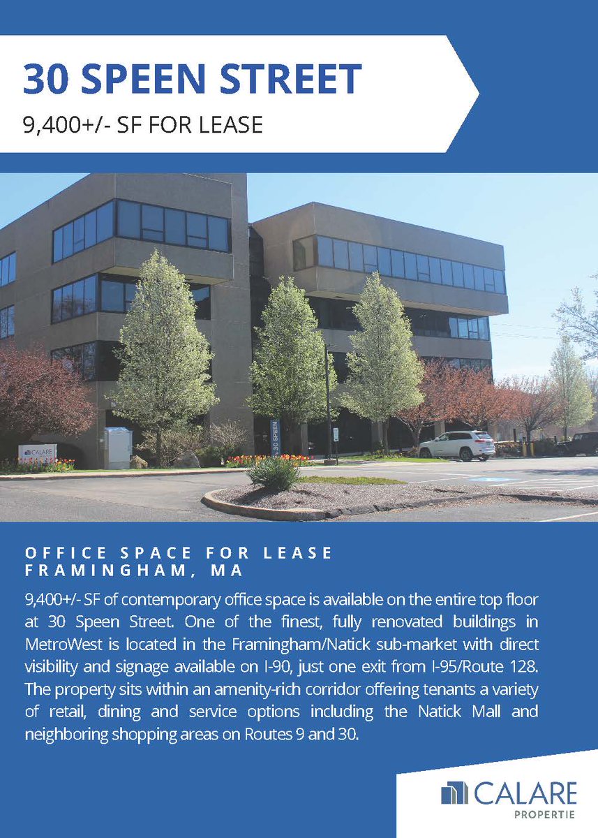 CalareProps's tweet image. For Lease — 9,400+/- Contemporary Office Space Available in Framingham, MA