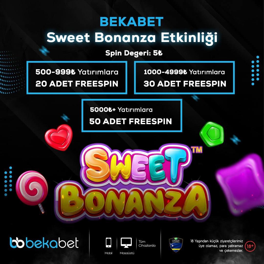 🍭 #Bekabet ‘in #risksizvekazancli dünyasında kazanç şekerleri patlıyor! ⏰Bugün yapacağınız yatırımlarda; Sweet Bonanza Freespin seni bekliyor! 🎰Spin değeri 5₺ 🍭500-999₺ 🎰20 🍭1000-4999₺ 🎰30 🍭5000₺ + 🎰50 adet Freespin! 📲 tinyurl.com/bekabet2