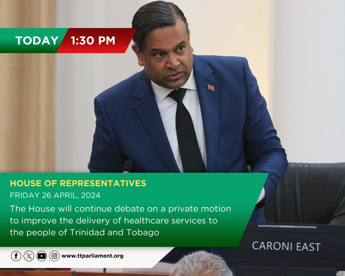 Join us on the Parliament Channel or ParlView TODAY at 1:30 p.m. for the 20th Sitting of the HOR! At this Sitting, members will continue debate on a private motion to improve the delivery of healthcare services to the people of T&T. Don't miss it! youtube.com/live/2VydL60u8…