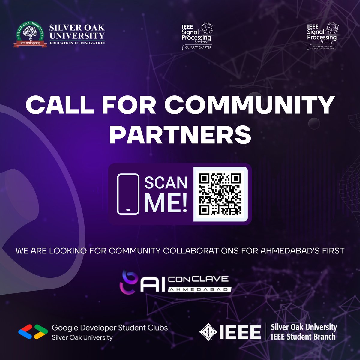 Join #GDSCSOU & #IEEESOUSB as #CommunityPartner for the 'AI Conclave - Ahmedabad 2024'! Strengthen your #network, showcase commitment to AI advancement, & access unique collaboration opportunities. Scan the QR & partner with us to shape the future of #technology #gdsc #ieee #sou