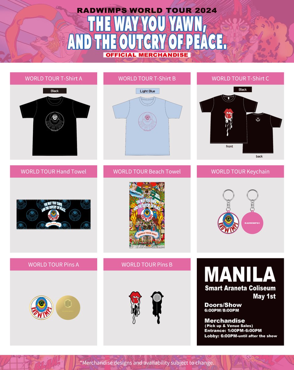 Check out the merch line-up of RADWIMPS WORLD TOUR 2024 “The way you yawn, and the outcry of Peace” Manila show! Venue pick-up presale is now available! Merchandises are also available for purchase at the venue on day of show. May 1st / Manila / Smart Araneta Coliseum Doors/Open…
