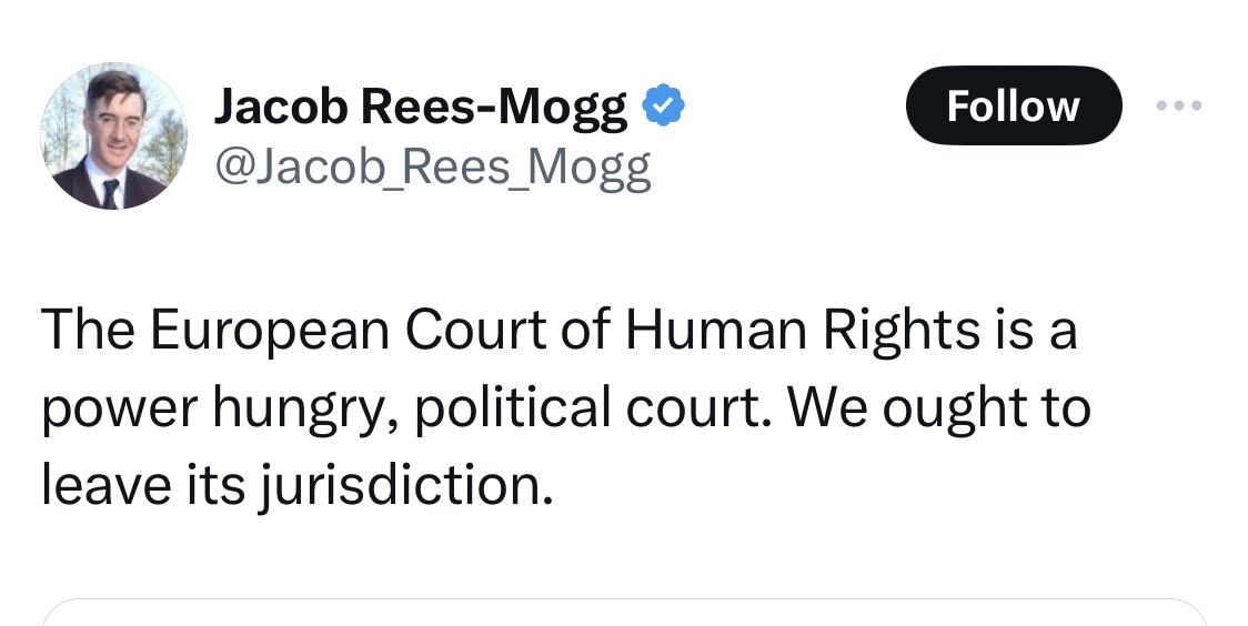 Jacob Rees-Mogg is a power-hungry, political despot who wants to weaken and remove our rights, unchecked. Exactly the sort of politician that the ECHR is set up to protect us from. We ought to boot him out of power.