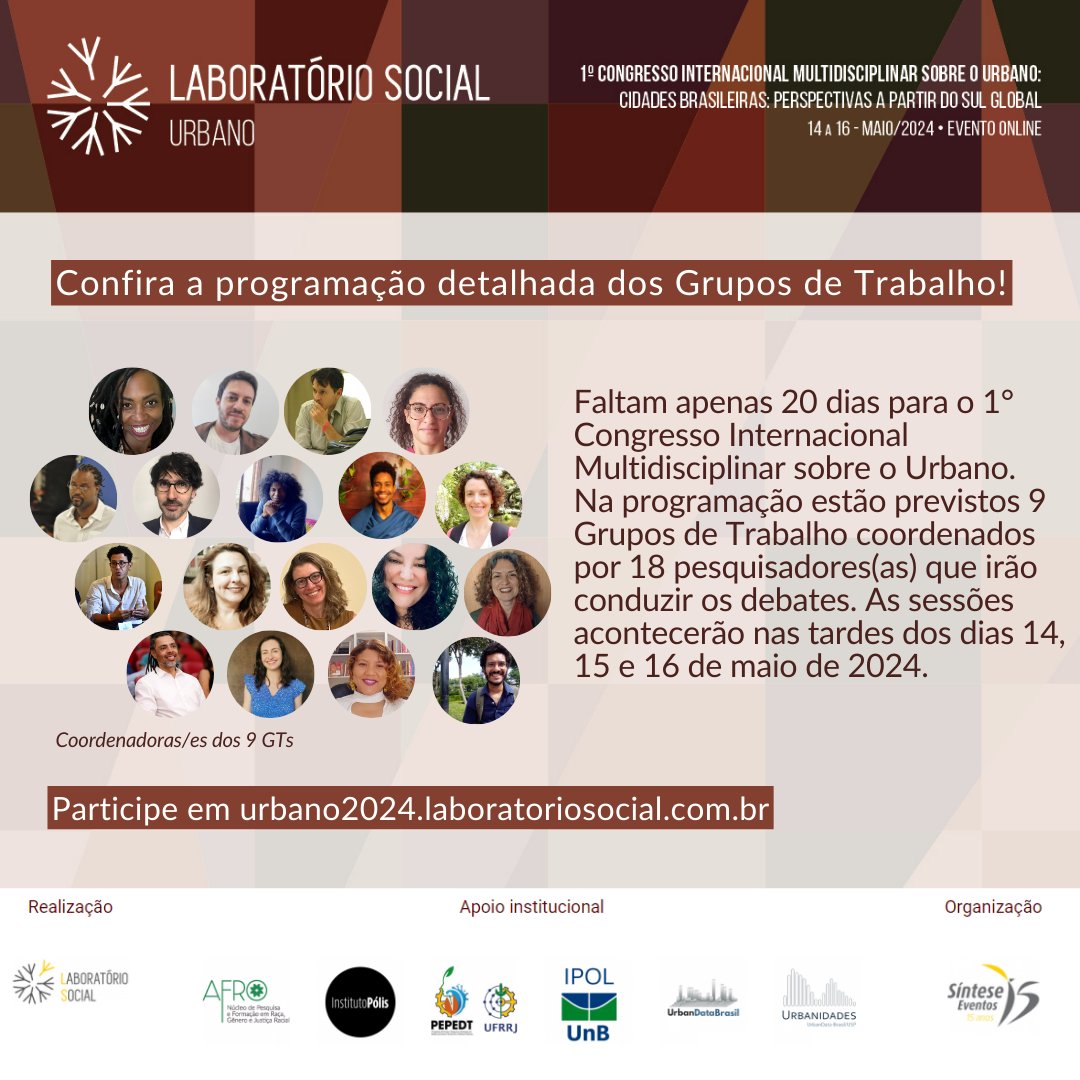 á conferiu a programação dos Grupos de Trabalho do LS Urbano 2024?Não perca tempo e organize sua agenda para acompanhar os debates dos 9 Grupos de Trabalho.
Programação completa disponível em urbano2024.laboratoriosocial.com.br