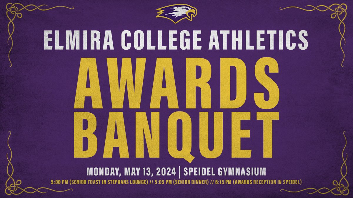 MARK YOUR CALENDARS! The EC Athletics Awards Banquet is back on May 13! 🏆

Senior Toast/Dinner will take place at 5:00 PM inside Stephans Lounge, followed by the awards reception inside Speidel at 6:15 PM! 🦅

#TogetherWeFly #FightOn4EC #ElmiraProud