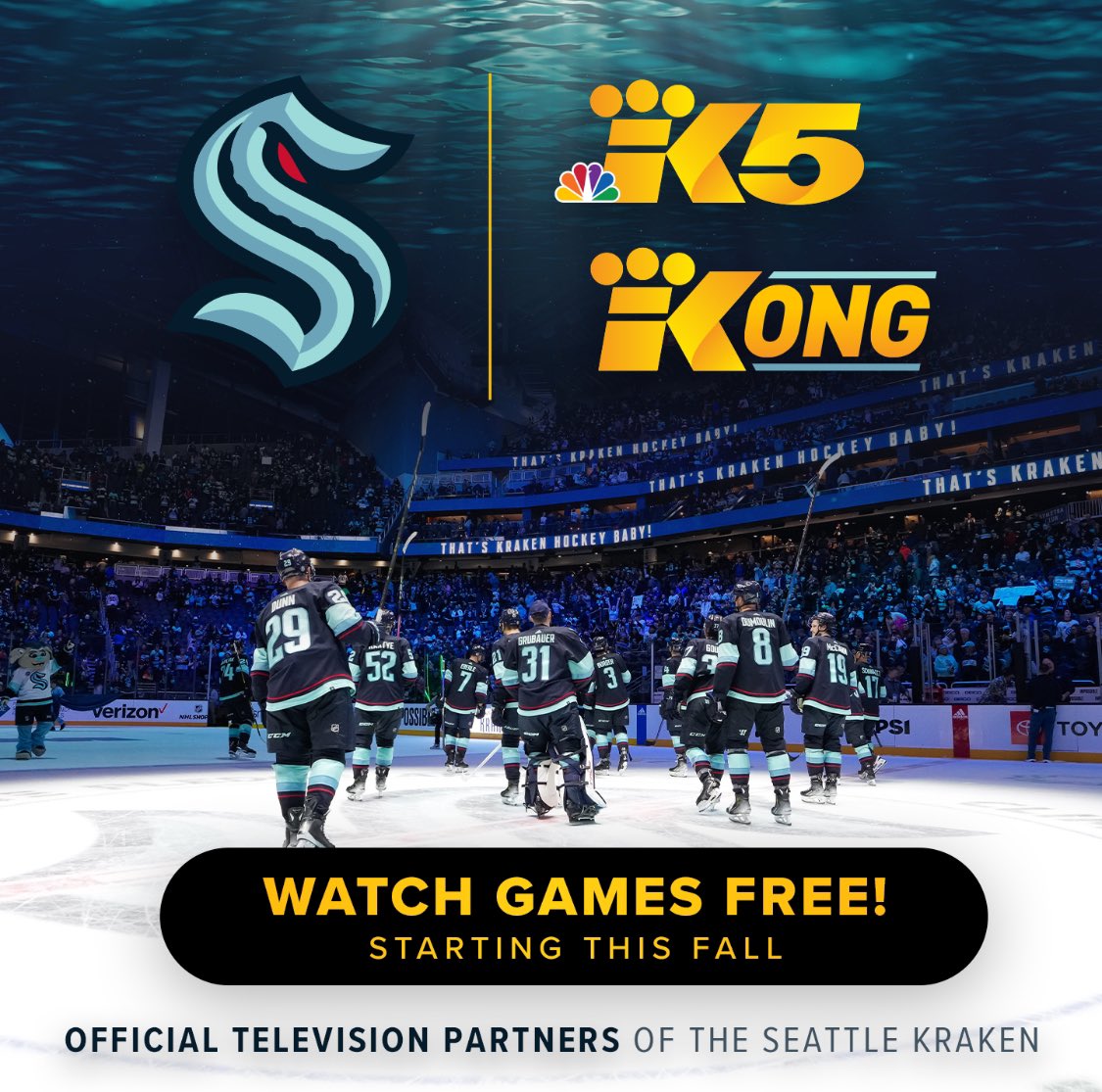 The @KING5Seattle Media Group announced today a multi-year partnership with the @SeattleKraken @SeattleKrakenPR . Starting in the fall of 2024, all non-nationally televised games will be available on either KING 5 or KONG-TV, broadcast over-the-air for free.