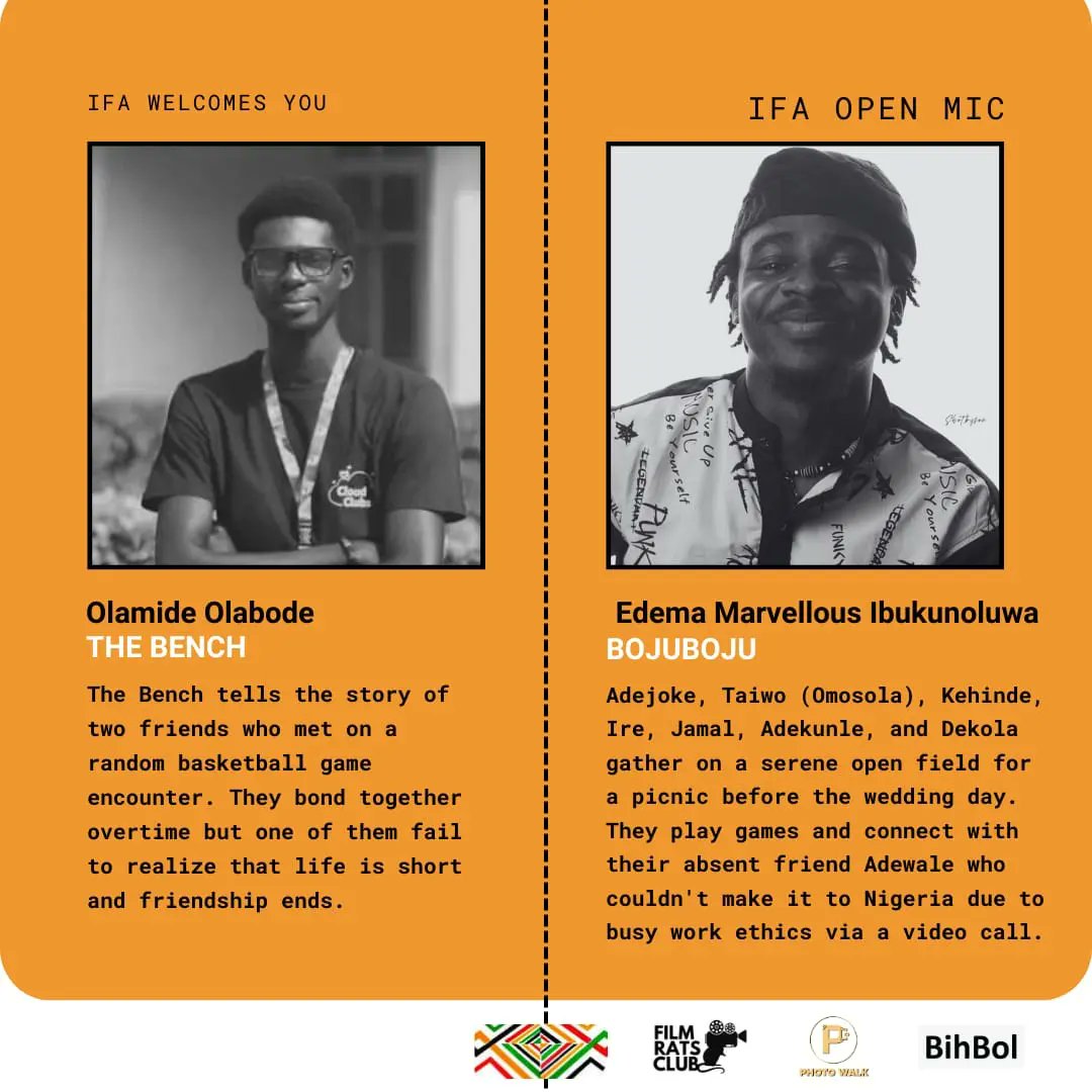 This Saturday, we're screening short films from these filmmakers. Be part of the creative experience at our Open Mic! 

Tickets: ₦1,000 (available at the venue)
Reservations: Call 09041537798

See you there!
#IFA2024 #shortfilm #filmmaking #ibadan #filmscreening  #explore