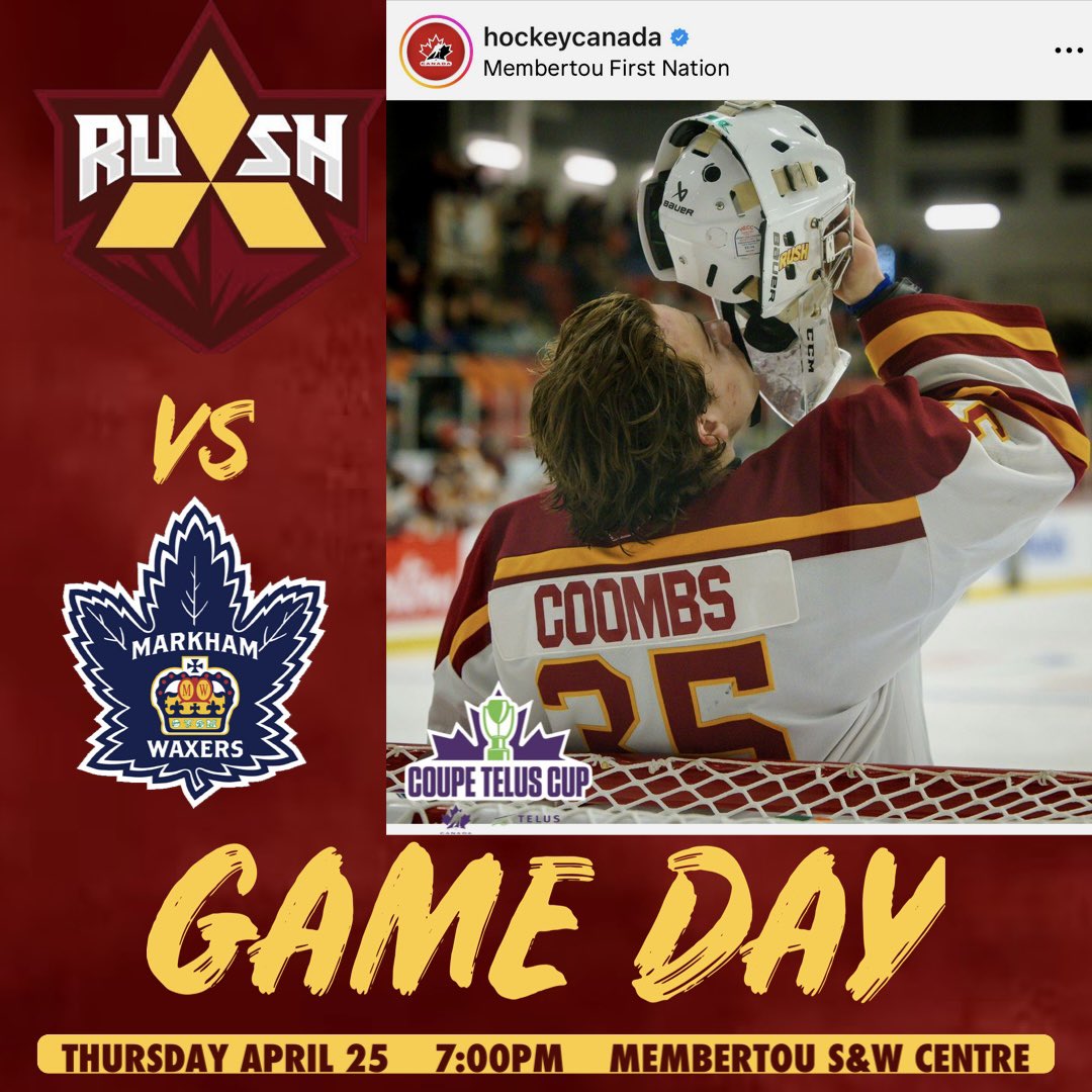 Happy Thursday @ the Telus Cup!! Tonight we match up with the Waxers. ⏰ Puck Drop 7:00PM 📺 Hockey Canada - Markham Waxers (CEN) vs. Sydney Rush (HST) | TELUS Cup 🚨GO RUSH GO