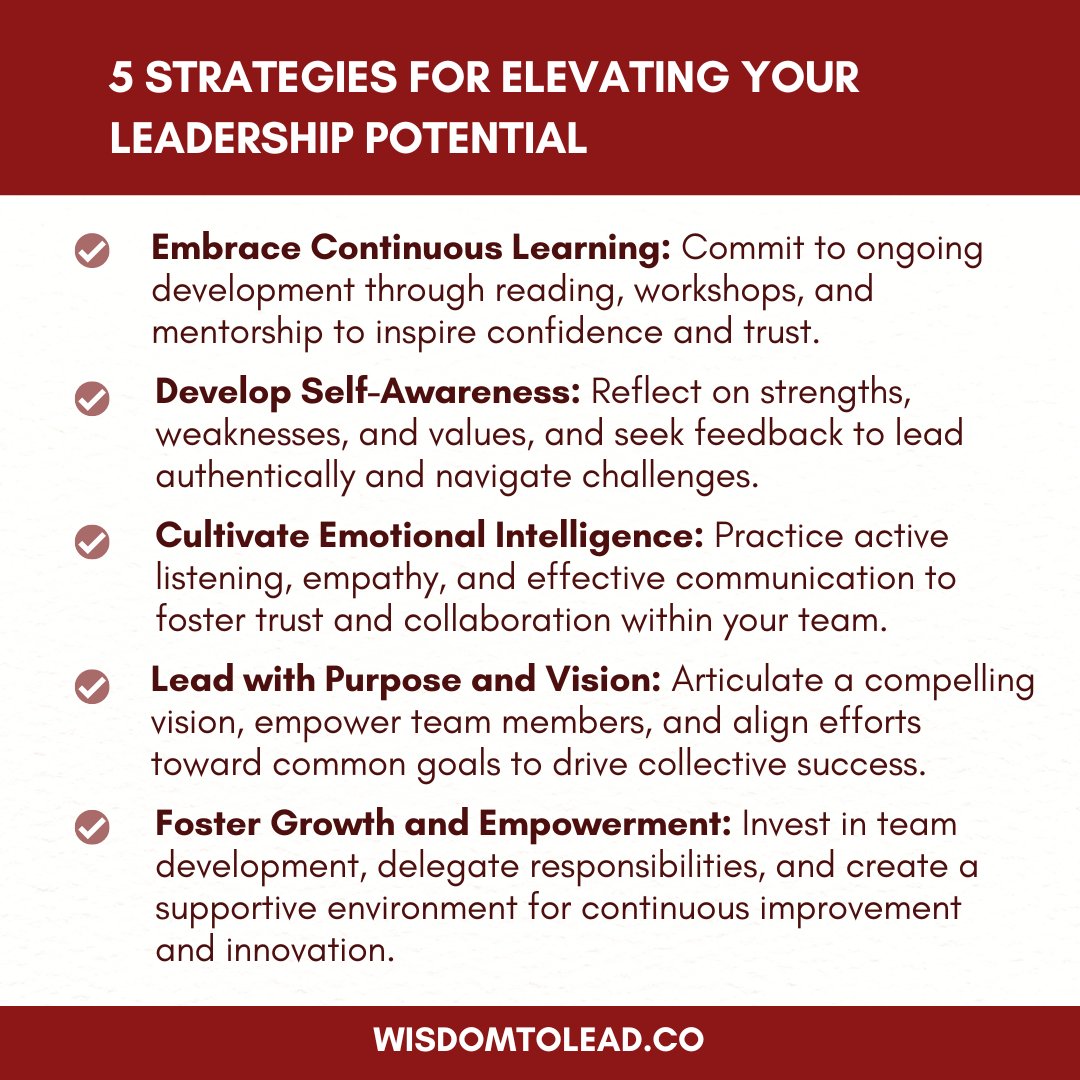 Unlock your leadership potential with these 5 strategies! 🌟 Elevate your skills, inspire your team, and lead with purpose.

#LeadershipDevelopment #PersonalGrowth #EmotionalIntelligence #TeamEmpowerment #ContinuousLearning #WisdomToLead