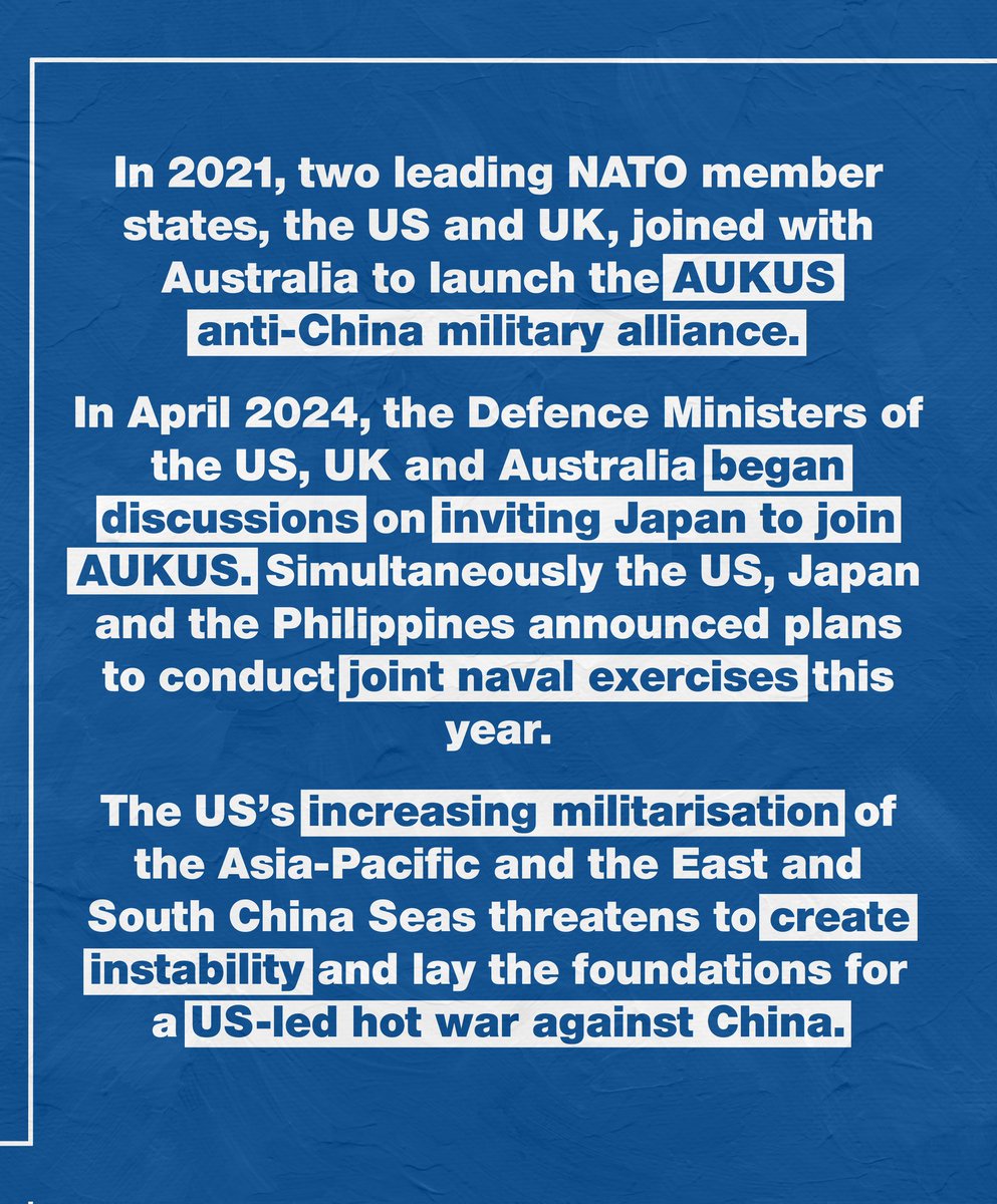 Today the US wants its Global North allies to join its military build-up against China.

NATO states are increasing their military presence in the Asia-Pacific by sending warships to the South China Sea. AUKUS has begun discussions to expand by inviting Japan.

#NoToNATO

6/6 🧵