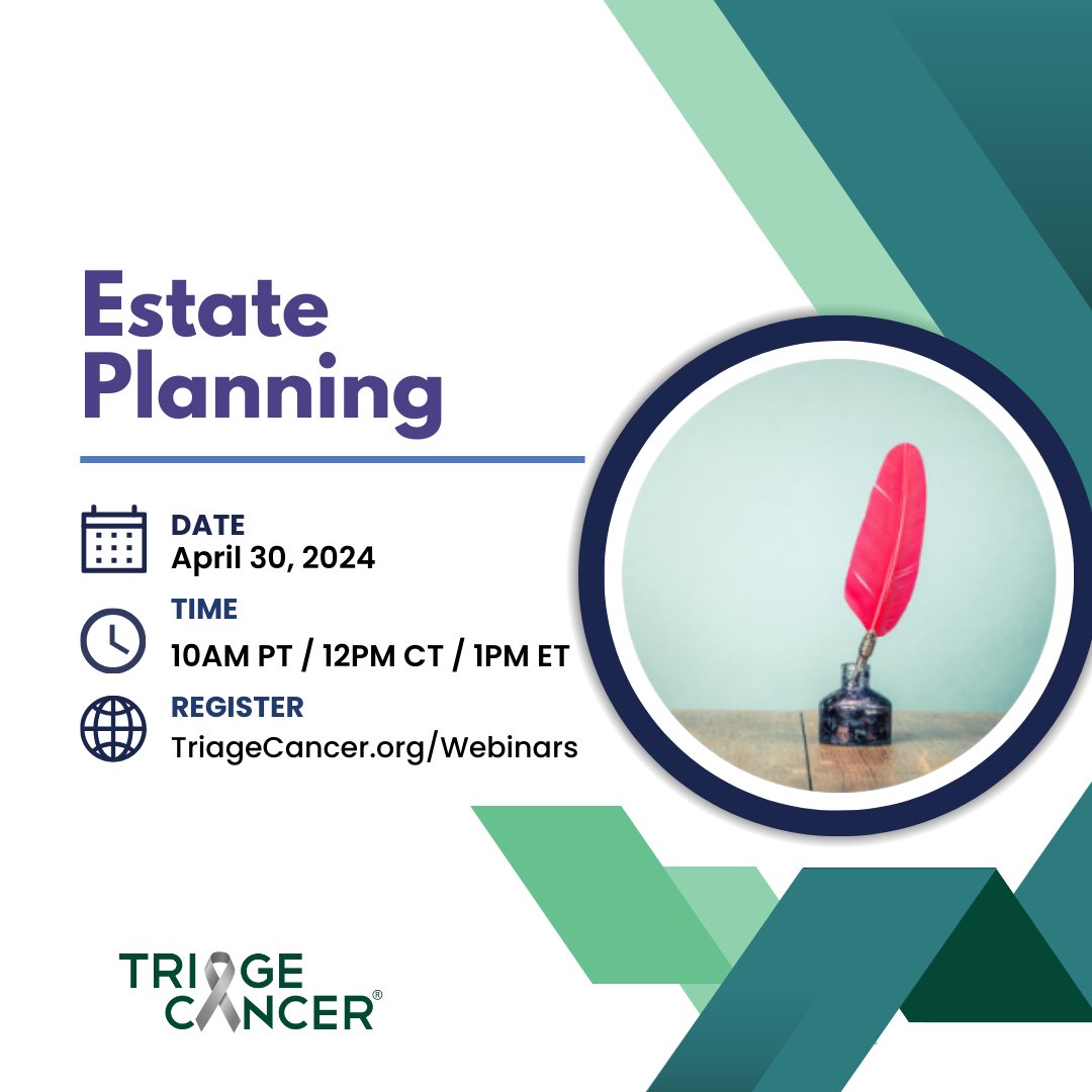 RSVP for @TriageCancer’s FREE webinar for Estate Planning on 4/30!

Learn about estate planning docs, decision making rights, & more. + FREE CE for professionals.

Link below:
triagecancer.org/webinars

#TriageTalks #CancerRights #TriageHealth