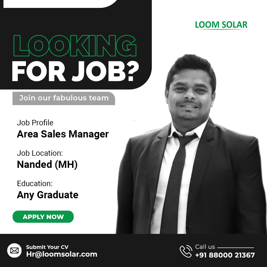 Join Our Amazing Team! As an Area Sales Manager at location Nanded, Maharashtra. Any graduate can apply for this post. How to apply: Interested professionals can send their updated CVs to Hr@loomsolar.com at +91-8800093653. #HiringNow #jobs #search #hire #hiring #successtip
