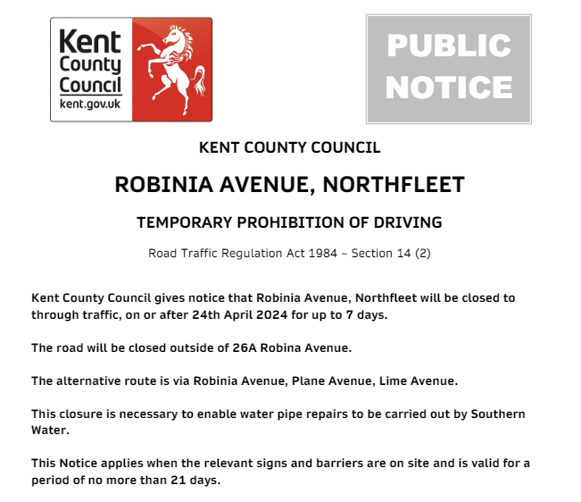 Northfleet, Robinia Avenue: Road closed 24th April for up to 7 days to allow for @SouthernWater pipe repair works : moorl.uk/?cg22r6
