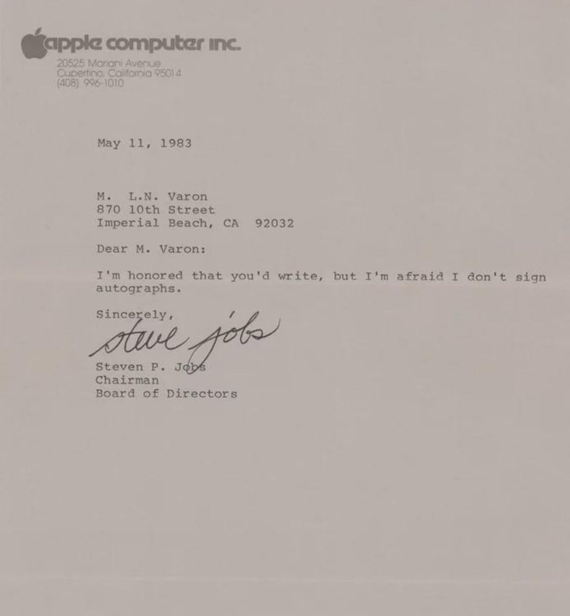 Steve Jobs typed letter to a fan who had requested a autograph from him, the letter ended up selling at auction for $400k