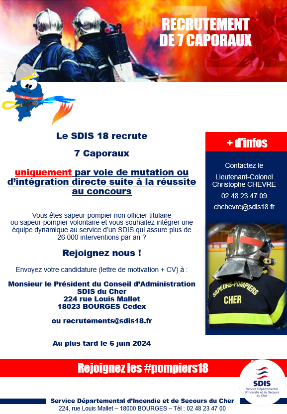 #RECRUTEMENT

Le <a href="/SDIS_18/">SDIS18</a>  recrute 7 caporaux à compter du 01/09 uniquement par voie de mutation ou d’intégration directe suite à la réussite au concours 

📌Les recrutements par voie de détachement &amp; d’intégration sans concours sont exclus

+ d'infos sur pompiers18.fr