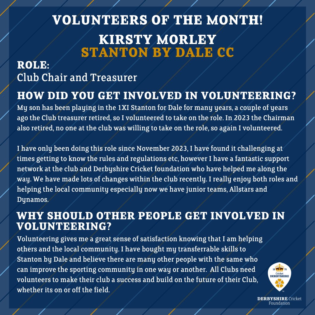 Our Grassroots Volunteers of the Month are back! First up we have Kirsty Morley from @StantonByDaleCC. She has been Club Chair since November 2023 and is helping to drive the club forward in all aspects🏏 Good Work Kirsty👏