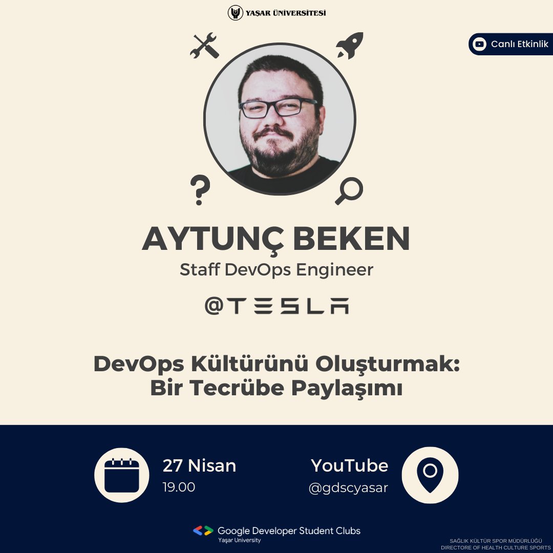 Teknolojinin farklı alanlarını derinlemesine incelemeye, tecrübeli kişilerden sektör hakkında bilgiler edinmeye devam ediyoruz. 

Bu etkinliğimizde Tesla'da çalışan Aytunç Beken konuğumuz olacak ve bizlere DevOps hakkındaki tecrübelerini anlatacak!

🔗: youtube.com/live/FYReYdWsH…