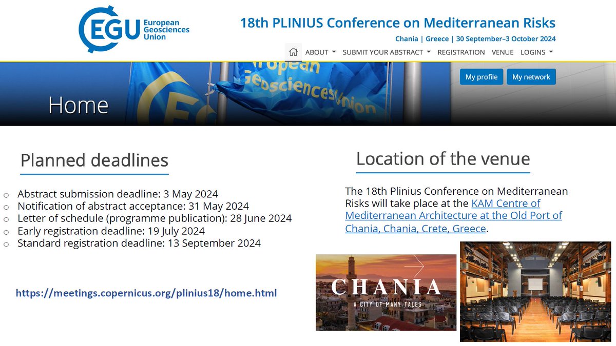 The 18th Plinius Conference on Mediterranean Risks will take place from 30 September to 3 October 2024 at Chania, Greece.

More info and how to register:
meetings.copernicus.org/plinius18/