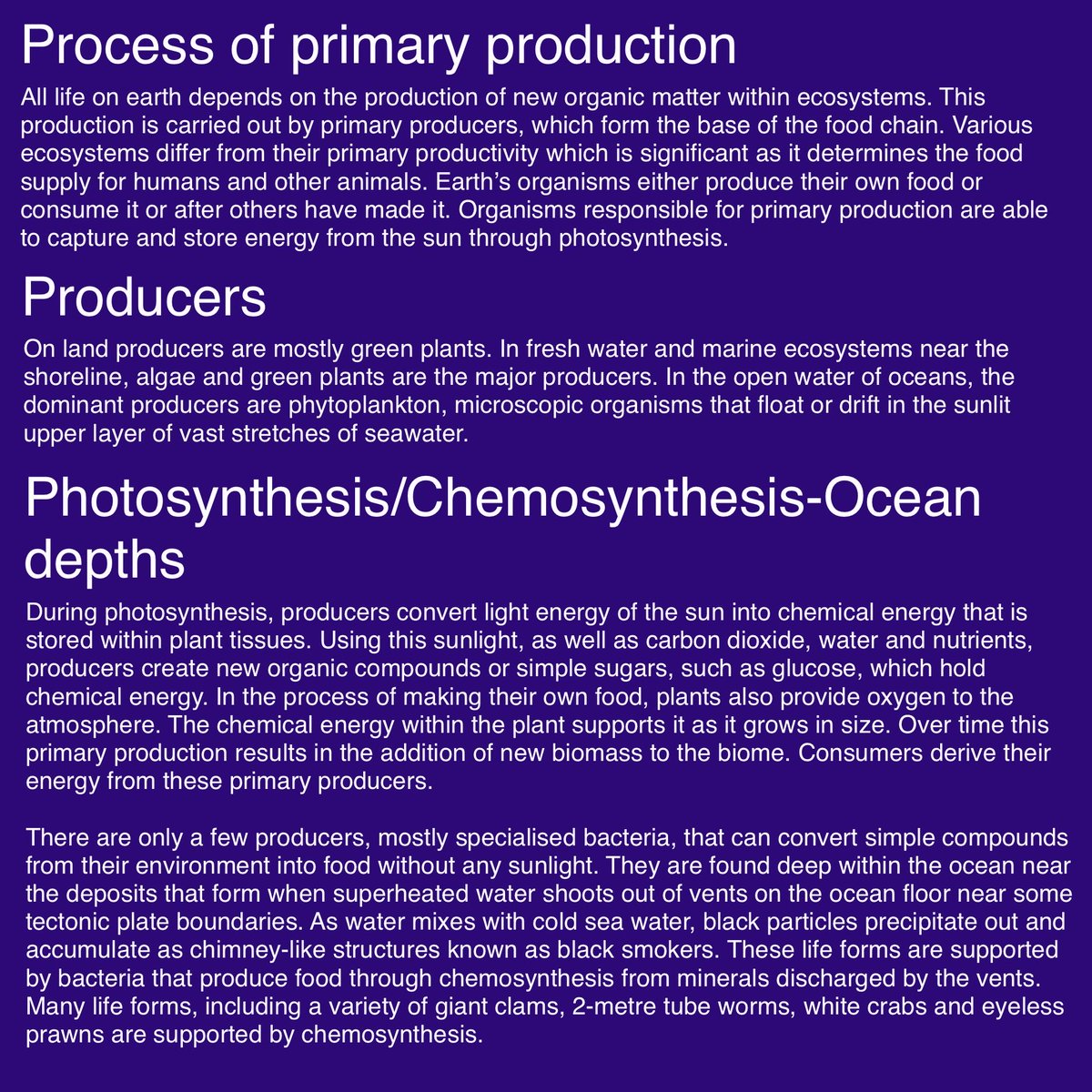 @Environment/#PrimaryProduction/#Chemosynthesis~All life on earth depends on the production of new organic matter within #Ecosystems.