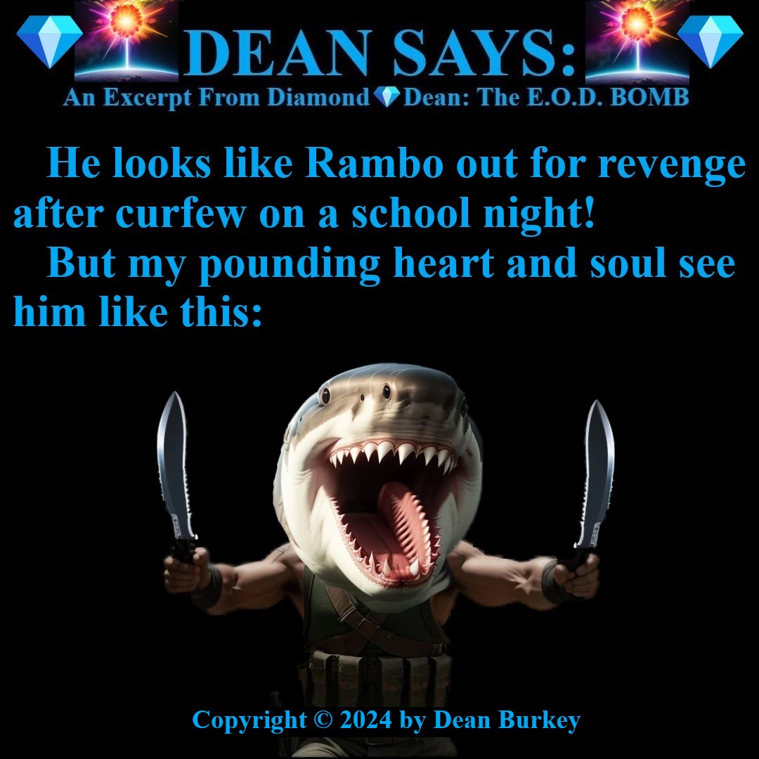 “Diamond💎Dean: The E.O.D. BOMB”
A Comedian Becomes A Spy
Enjoy A Super Fun Multi-Media Action Comedy Experience! amzn.to/43D30YF
#DeanSays #Funny #Comedy #Action #Spies #Humor #Suspense #Beauty #Love #Fun #NewRead #Novel #AmazonKindle #Knives #Rambo #RamboGoneAwry