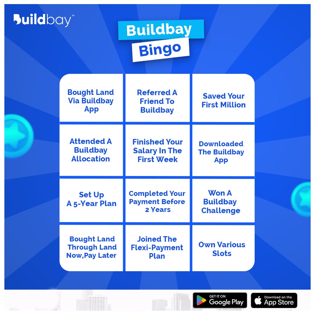 Take a Shot at this Bingo, let’s see how much of a Buildbay buddy you are😉😉.

If you have done more than 6, you are definitely a Buildbay Buddy🤭💙💙.

Let's catch up in the comments section below👇👇.

#buildbay 
#buildbaybingo
#triviathursday 
#proptech