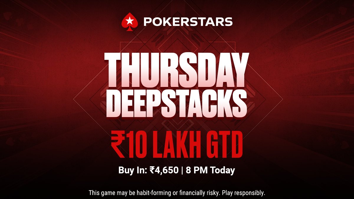 📛 Thursday Deepstacks
🎟️ ₹4,650
💰 ₹10,00,000 GTD
⏲ 8:00 PM

#FeaturedTournament #MarqueeEvent