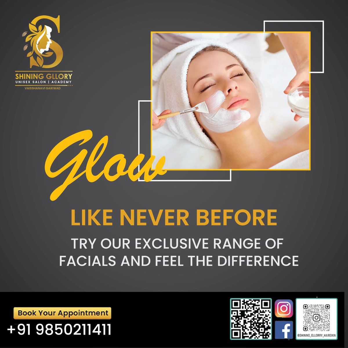 Step into SHINING GLLORY Unisex Salon & Academy for a transformation like never before! Our exclusive range of facials will leave you feeling refreshed and rejuvenated. Book your appointment now!

Address: Kothrud, Pune
Call: 98502 11411
.
#glow #facial #facialtreatment #skincare