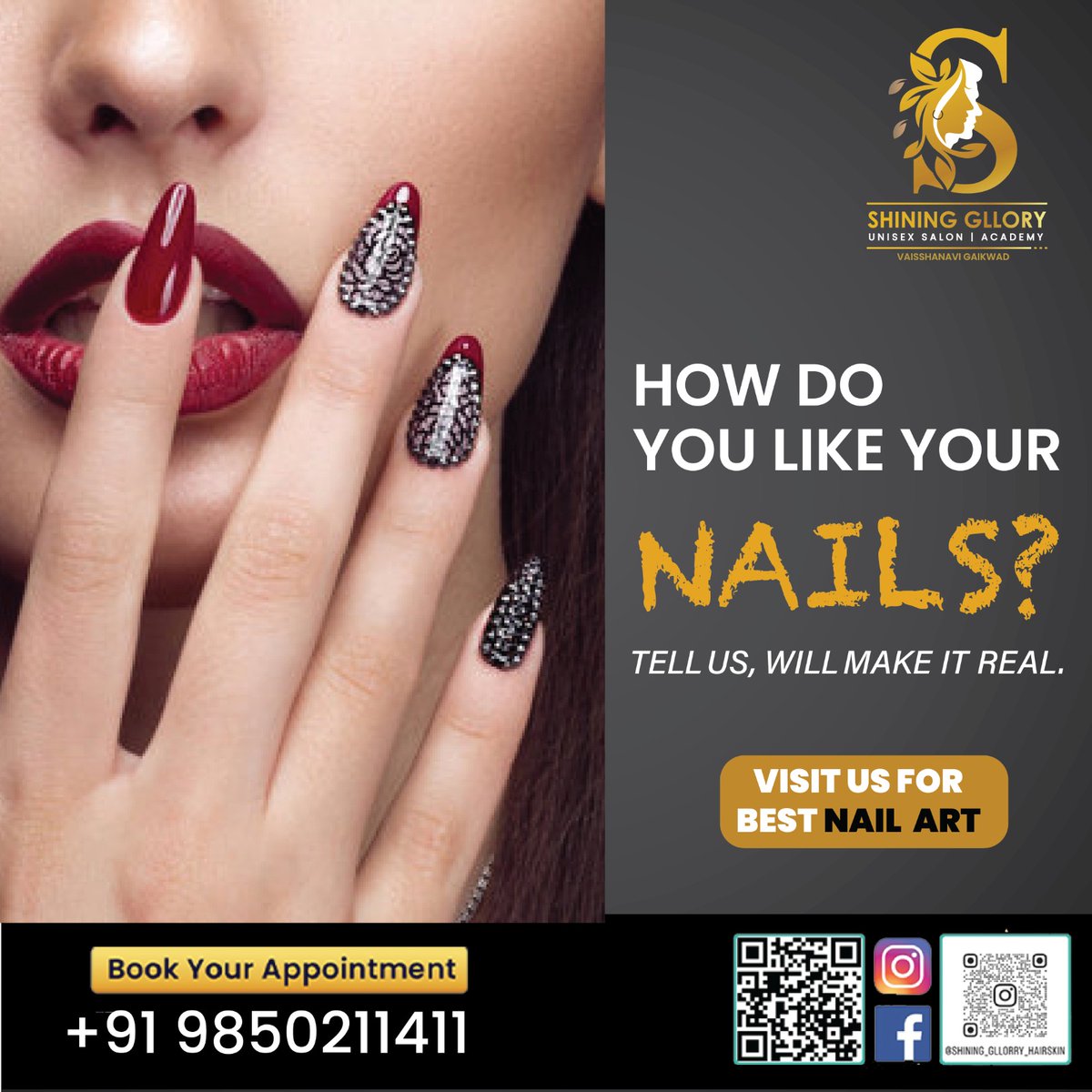 Looking for the best nail art in town? Visit Shining Glory Unisex Salon & Academy now! Our expert nail technicians will make your nail dreams come true. Book your appointment today! 💅

Address: Kothrud
Call: 98502 11411
#nail #nailart #nailartsalon #nailexpert #nailartspecialist