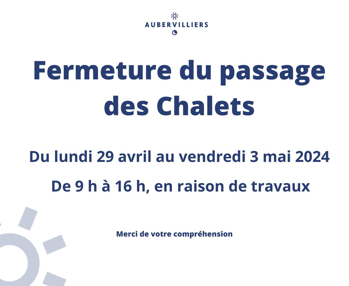 ⛔️ Le passage des Chalets sera fermé, du 29/04 au 3/05, en raison de travaux. 🏠 L’accès aux riverains sera maintenu. 🚙 Une déviation pour les véhicules sera mise en place rue Villebois-Mareuil. 🚶‍♂️‍Un accès piétons restera à disposition. #Aubervilliers #travaux