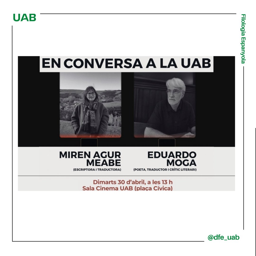 #MirenAgurMeabe i #EduardoMoga en conversa a la UAB. Els professors del Mínor en Estudis Bascos, amb la col·laboració de @culturaenviuUAB i el deganat de la Facultat, organitzem un any més una conversa entre dos escriptors, el marc de #SantJordi2024 i el festival #Literaldia