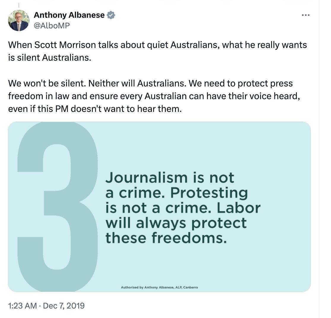 🇦🇺 AUSTRALIAN PM WAS ONCE IN FAVOR OF FREE SPEECH As Anthony Albanese is trying to force Elon to censor content globally, a post from 2019 has resurfaced where he claimed it was essential to protect press freedom. “We won’t be silent. Neither will Australians. We need to