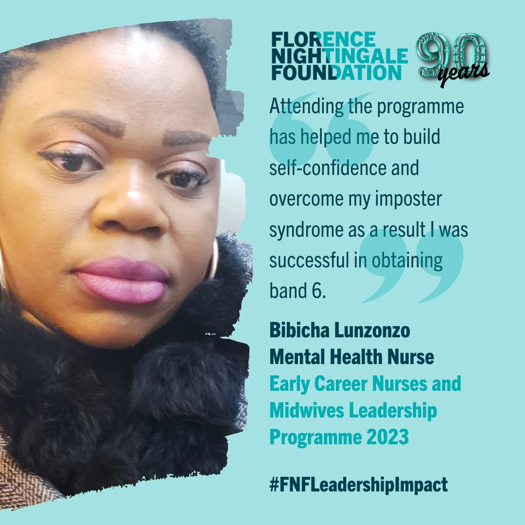 🎉#FNF90at90 'Attending the programme has helped me to build self-confidence and overcome my imposter syndrome as a result I was successful in obtaining band 6.' Bibicha Lunzonzo🌟 Find out more at florence-nightingale-foundation.org.uk/fnf-90-at-90 Celebrating #FNFLeadershipImpact👏