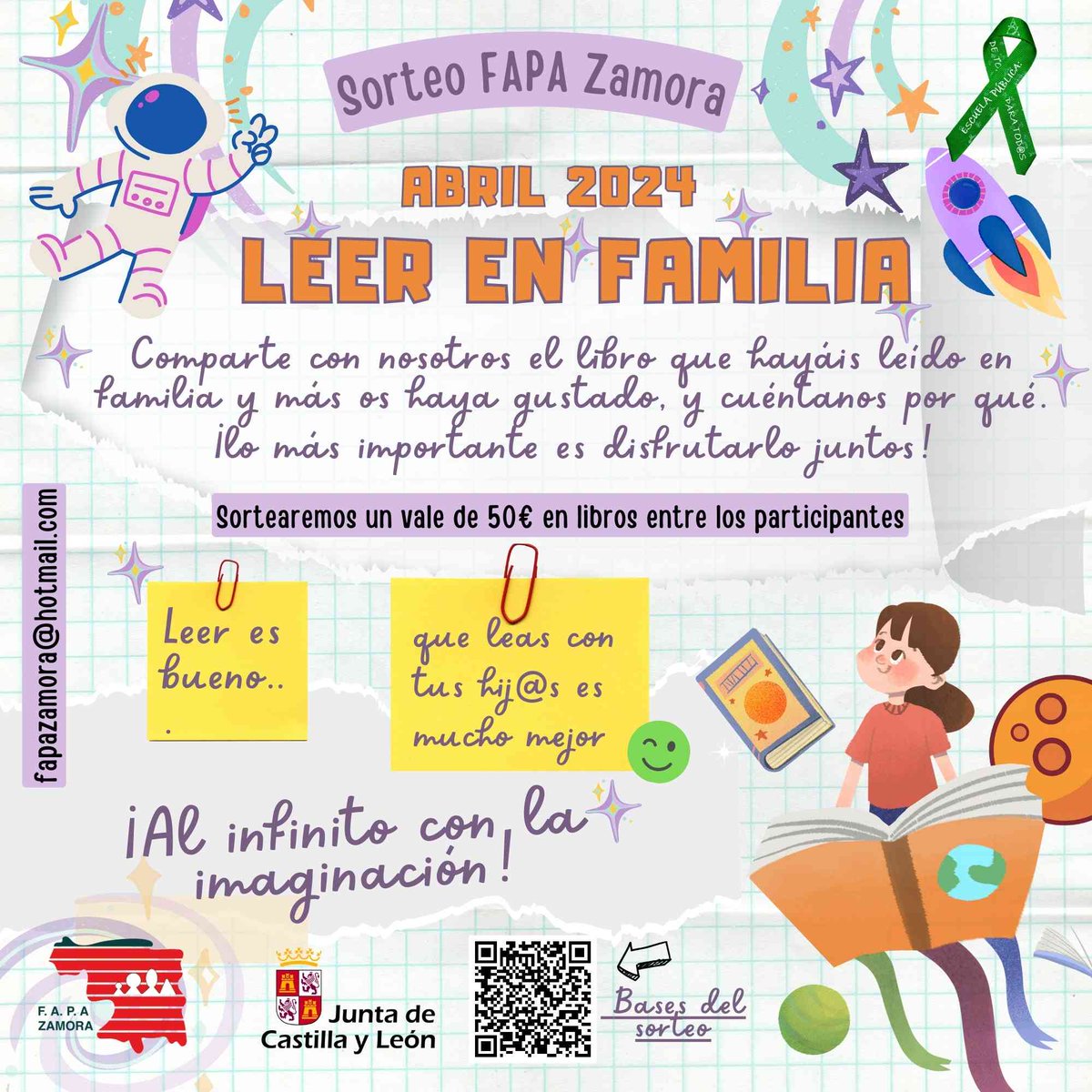 ‼️ <a href="/FapaZamora/">FapaZamora</a>  organiza una actividad para fomentar la lectura entre las familias de AMPAS Federadas.
Compartir vuestras experiencias.
Toda la información de las bases en el código QR de la imagen.
😉 Animaros a participar y sobre todo animaros a "Leer en Familia".