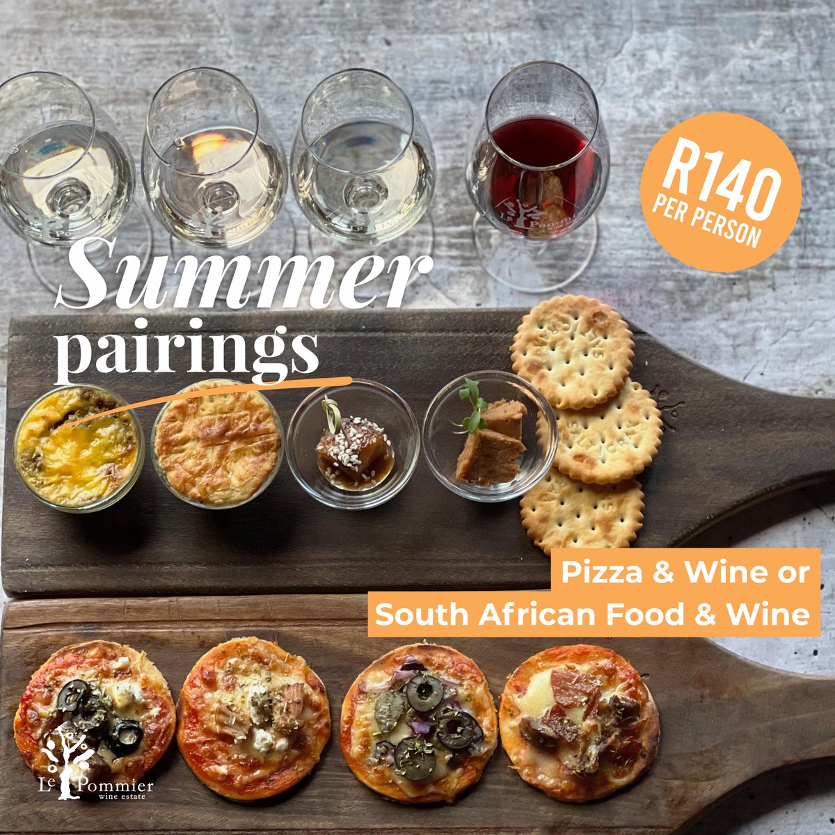 Book our Food & Wine Pairing - Pizza & Wine or South African Food & Wine for R140pp 021-8851269