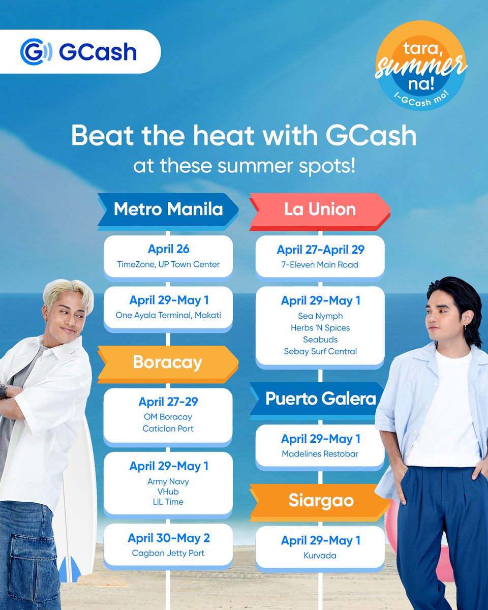 gcashofficial's tweet photo. This Summer, we are unstoppable! Kaya i-GCash mo sa La Union, Boracay, Puerto Galera, Siargao, at Metro Manila. Tara? ☀️💙

Tell us below where you'll be! 🥟🍨🦪🍩🍉

#GCashSummerNa
#KayaMo #iGCashMo https://t.co/U7B4Lqwv4P