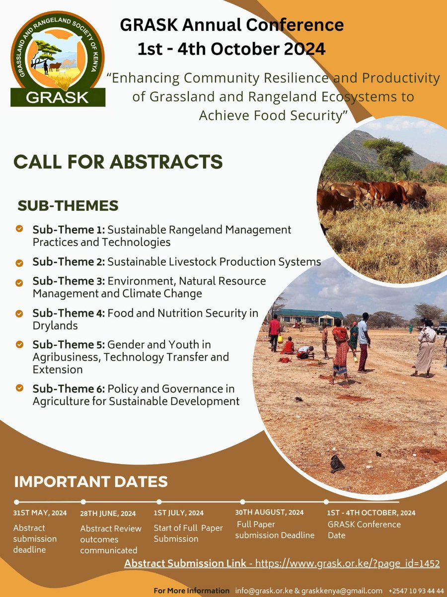 okkoech's tweet photo. Time to share knowledge, innovations and practices in Rangelands management! technologies for Drylands! Join  the Grassland and Rangeland Society of Kenya - GRASK  conference this year! Submit abstracts and also register for exhibitions! https://t.co/nXkTaLEKBf