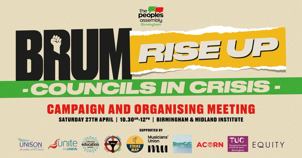 This Saturday, there’s a hugely important organising meeting taking place in Birmingham, called by @BirminghamPeopA. Unions & local campaign groups will be coming together to plan the campaign against the devastating cuts to services in the city. Please come along & get involved.